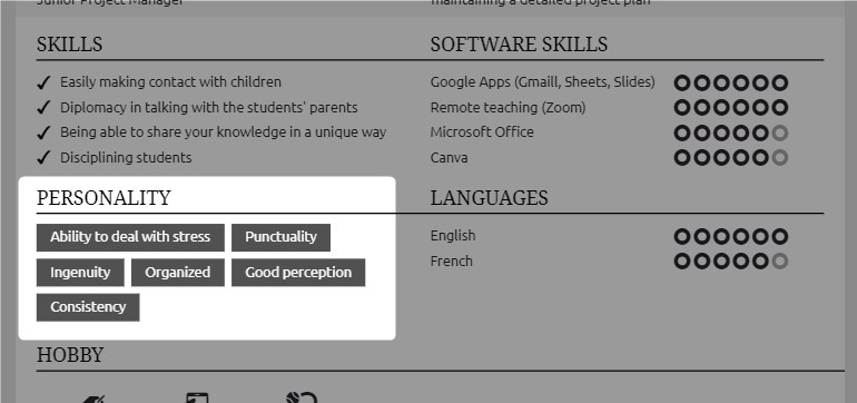teacher resume personality